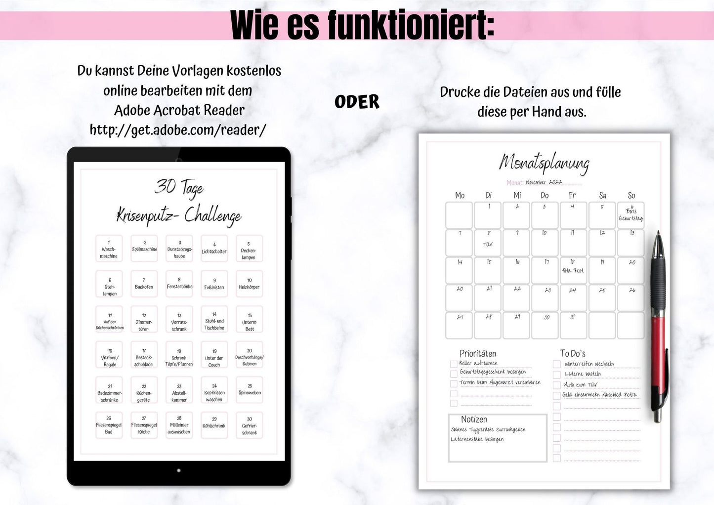 Haushalts- Checklisten, Monatsübersicht, Challenges zum Ausmisten und Putzen