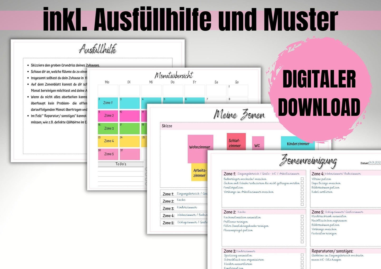 Flylady Checklisten, Zonenplan, Monatsübersicht, Hausaufgaben, Ausfüll- Muster, Einführung in die Zonenreinigung, insgesamt 11 Seiten