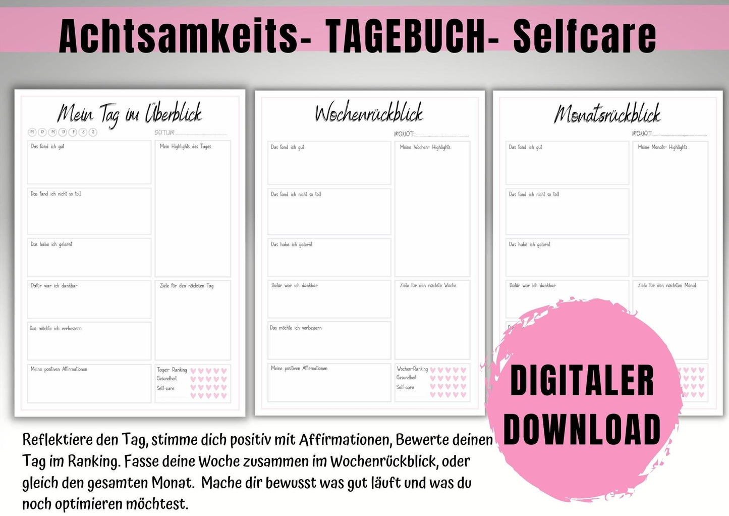 2 Min. Tagebuch zum Glücklichsein, Achtsamkeit, reflektieren, Affirmationen, Wochen- , Monats-, Jahresrückblick inkl. Wohlfühl- Checklist