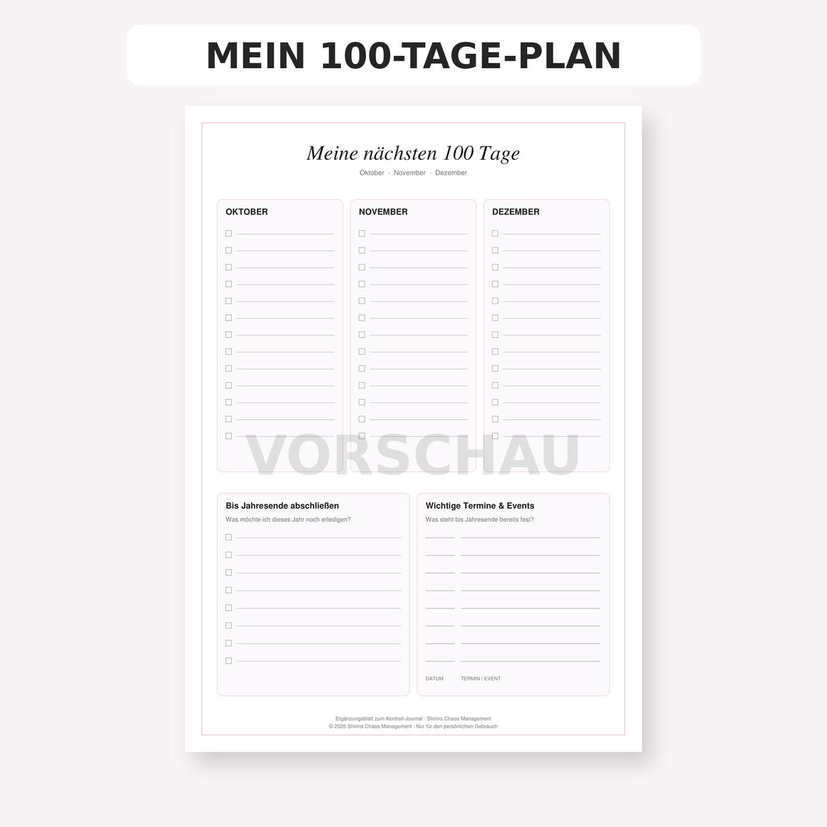 Mein 100-Tage-Plan | Printable
