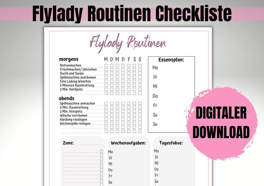 Flylady Routinen Checkliste, Wochenübersicht inkl. Essensplan, Tagesfokus, Zone, Notizen