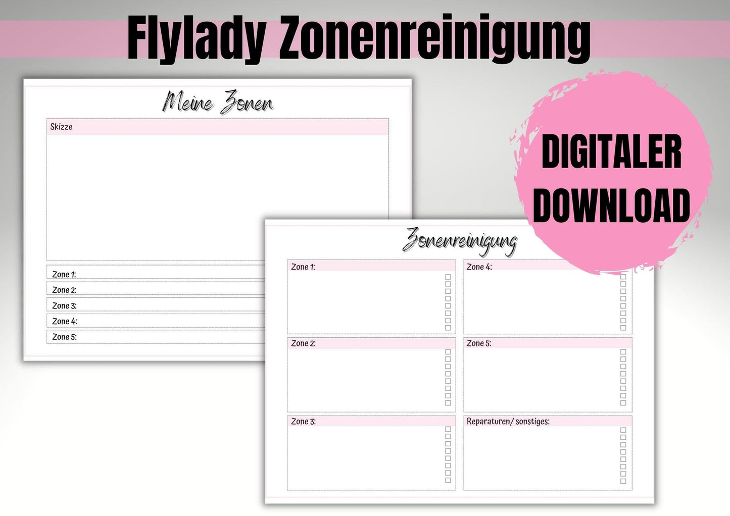Flylady Checklisten, Zonenplan, Monatsübersicht, Hausaufgaben, Ausfüll- Muster, Einführung in die Zonenreinigung, insgesamt 11 Seiten