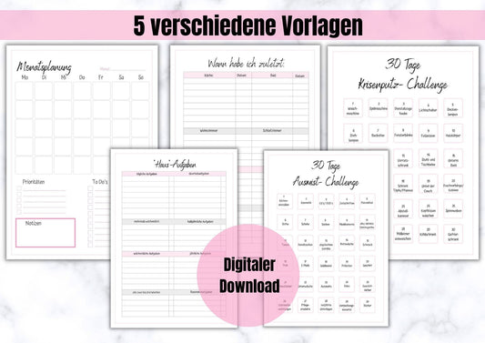 Haushalts- Checklisten, Monatsübersicht, Challenges zum Ausmisten und Putzen