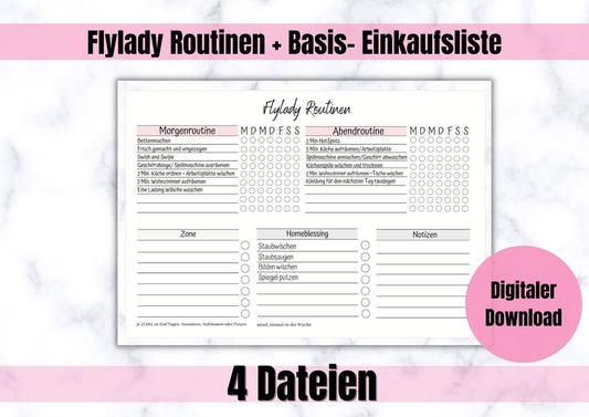 Flylady Morgen und Abendroutinen zum abhaken inklusive blanko Vorlage und Basis Einkaufsliste