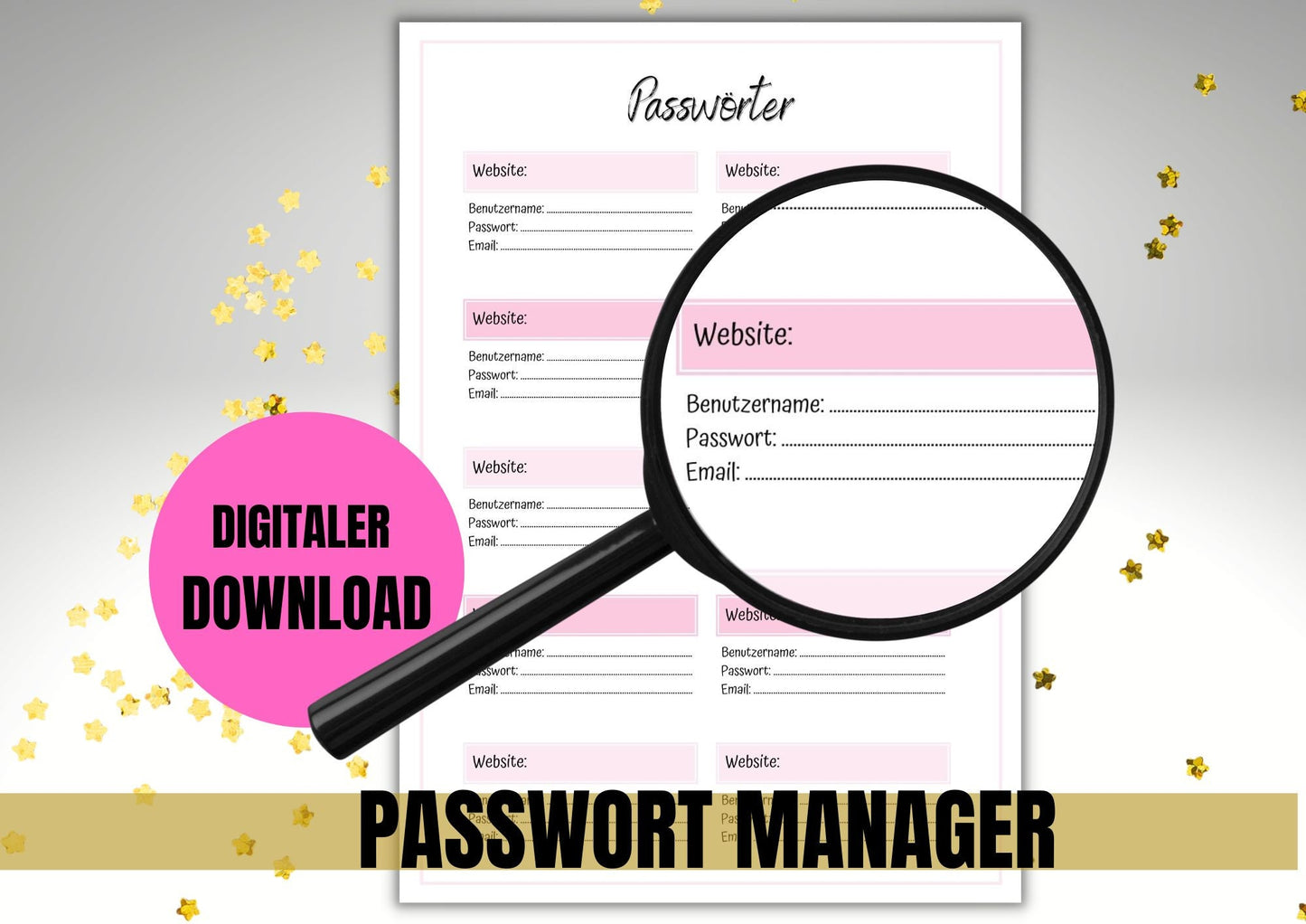 Passwort Manager für alle Deine Webseiten mit Benutzername, Passwort und Email Feld