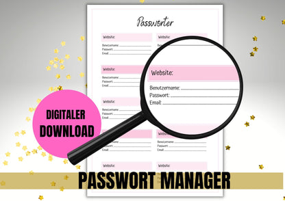 Passwort Manager für alle Deine Webseiten mit Benutzername, Passwort und Email Feld