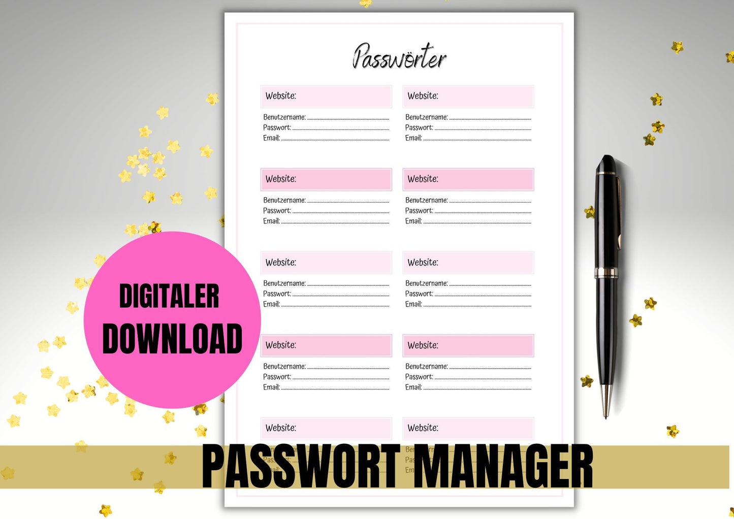 Passwort Manager für alle Deine Webseiten mit Benutzername, Passwort und Email Feld