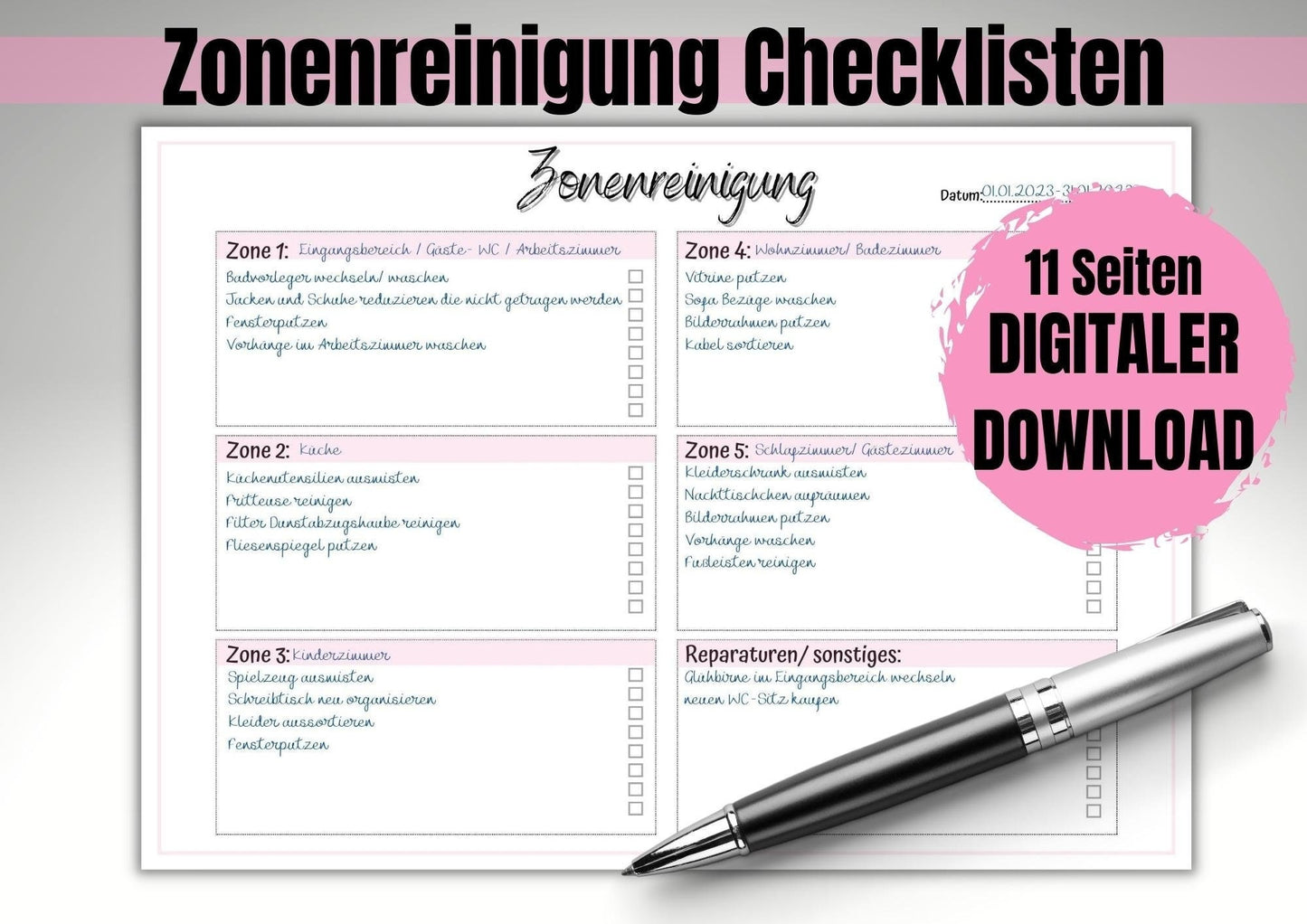 Flylady Checklisten, Zonenplan, Monatsübersicht, Hausaufgaben, Ausfüll- Muster, Einführung in die Zonenreinigung, insgesamt 11 Seiten