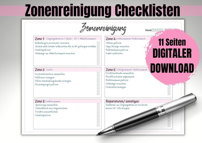 Flylady Checklisten, Zonenplan, Monatsübersicht, Hausaufgaben, Ausfüll- Muster, Einführung in die Zonenreinigung, insgesamt 11 Seiten