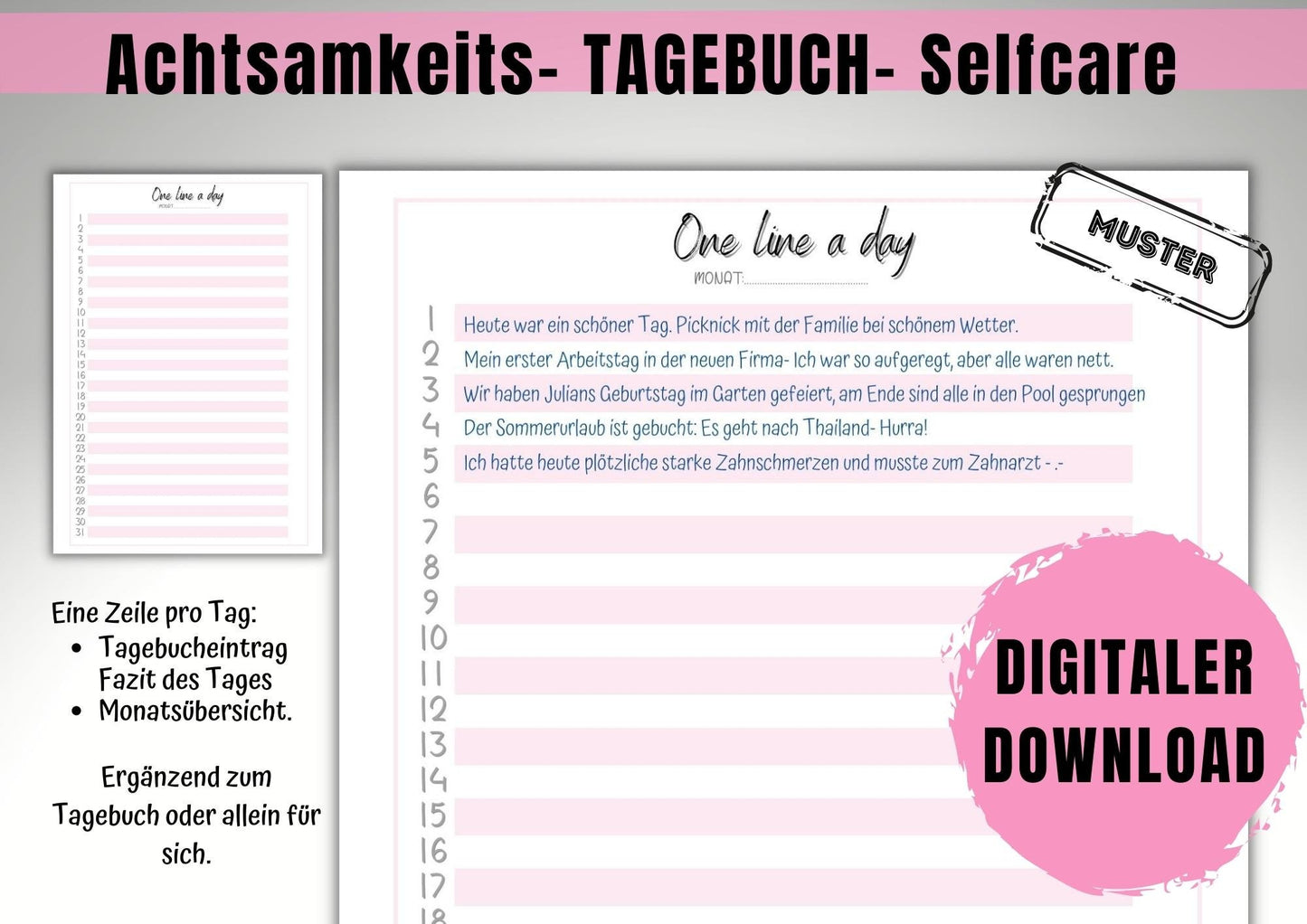 2 Min. Tagebuch zum Glücklichsein, Achtsamkeit, reflektieren, Affirmationen, Wochen- , Monats-, Jahresrückblick inkl. Wohlfühl- Checklist
