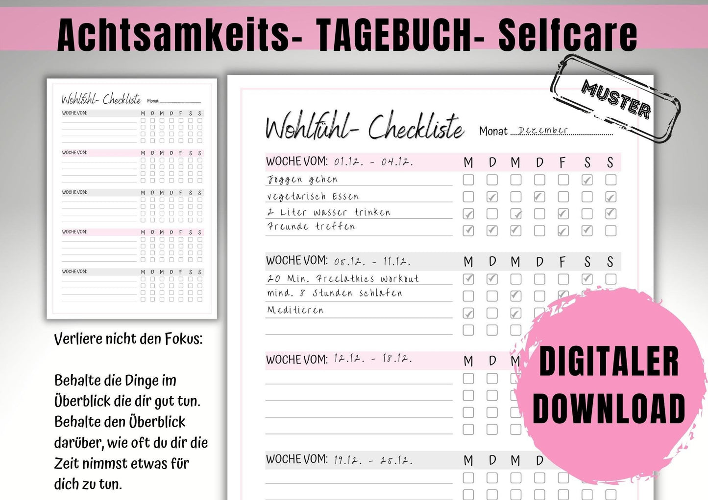2 Min. Tagebuch zum Glücklichsein, Achtsamkeit, reflektieren, Affirmationen, Wochen- , Monats-, Jahresrückblick inkl. Wohlfühl- Checklist