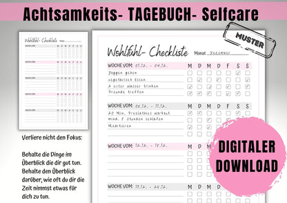 2 Min. Tagebuch zum Glücklichsein, Achtsamkeit, reflektieren, Affirmationen, Wochen- , Monats-, Jahresrückblick inkl. Wohlfühl- Checklist