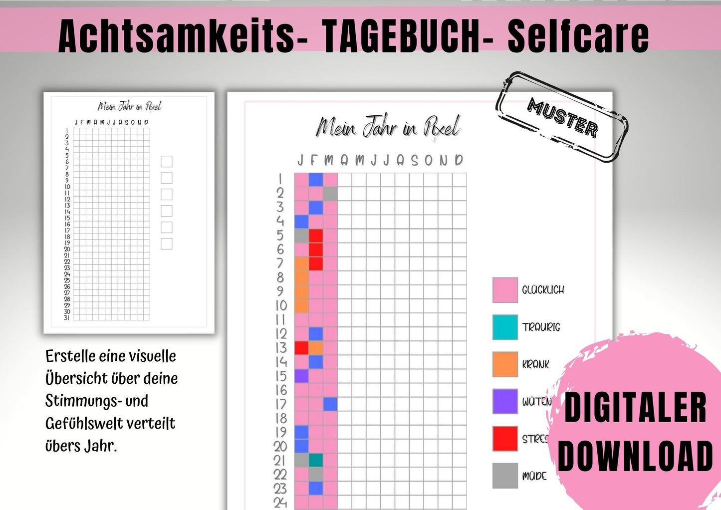 2 Min. Tagebuch zum Glücklichsein, Achtsamkeit, reflektieren, Affirmationen, Wochen- , Monats-, Jahresrückblick inkl. Wohlfühl- Checklist