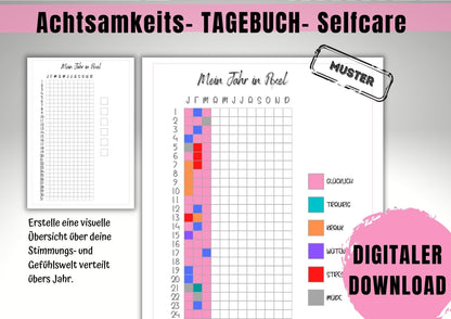 2 Min. Tagebuch zum Glücklichsein, Achtsamkeit, reflektieren, Affirmationen, Wochen- , Monats-, Jahresrückblick inkl. Wohlfühl- Checklist