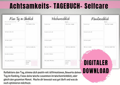 2 Min. Tagebuch zum Glücklichsein, Achtsamkeit, reflektieren, Affirmationen, Wochen- , Monats-, Jahresrückblick inkl. Wohlfühl- Checklist