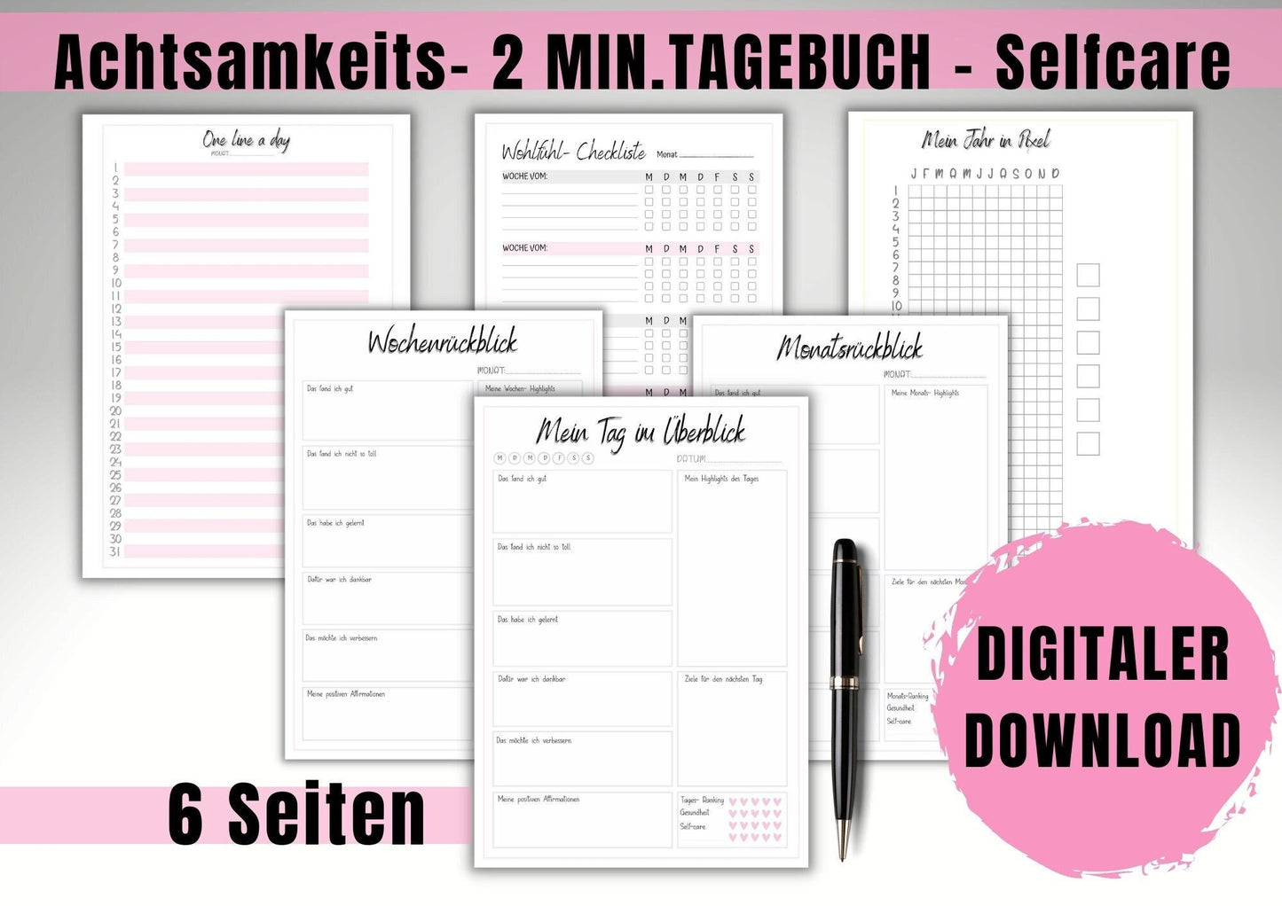 2 Min. Tagebuch zum Glücklichsein, Achtsamkeit, reflektieren, Affirmationen, Wochen- , Monats-, Jahresrückblick inkl. Wohlfühl- Checklist