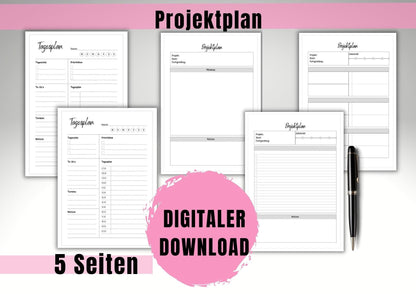 Projektplan mit Zeitstahl, Mindmap u. Tagesplan für ein effektives Zeitmanagement zur Optimierung deines Projekts.Ideal für Studium&Business