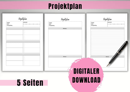 Projektplan mit Zeitstahl, Mindmap u. Tagesplan für ein effektives Zeitmanagement zur Optimierung deines Projekts.Ideal für Studium&Business