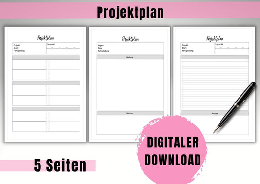 Projektplan mit Zeitstahl, Mindmap u. Tagesplan für ein effektives Zeitmanagement zur Optimierung deines Projekts.Ideal für Studium&Business