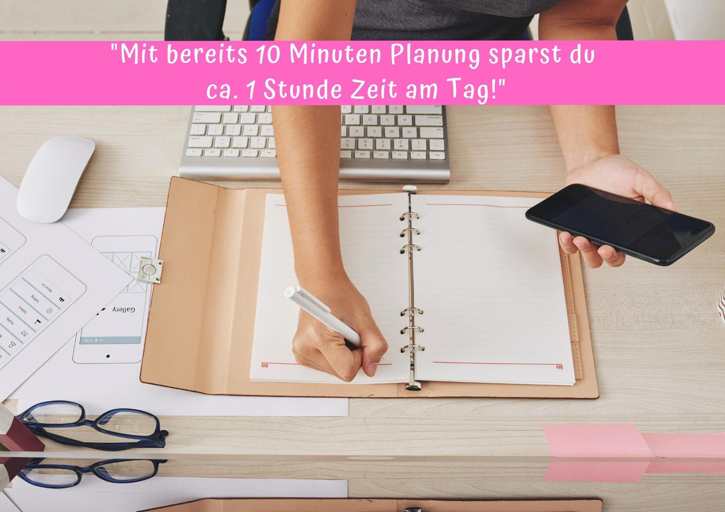 Projektplan mit Zeitstahl, Mindmap u. Tagesplan für ein effektives Zeitmanagement zur Optimierung deines Projekts.Ideal für Studium&Business