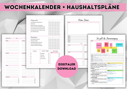 Kalender mit div. Übersichten zur Organisation von Haushalt und Leben. Immerwährend mit Übersicht für 2024/25 zum herunterladen und drucken