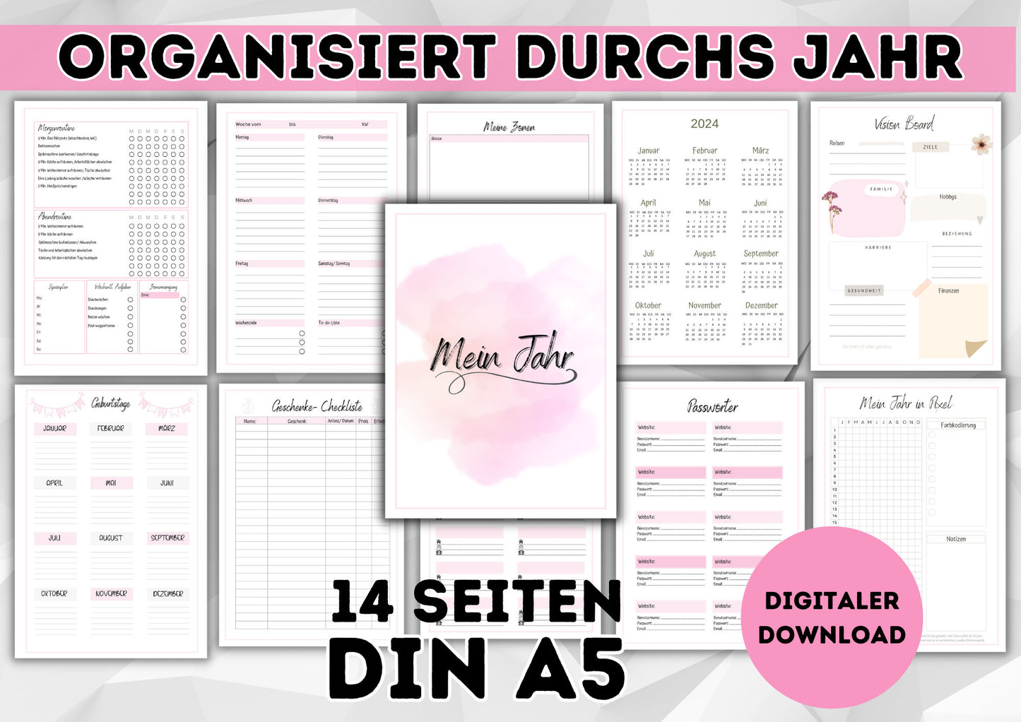 Kalender A5 mit Haushaltsübersicht nach Flylady uvm. zum ausdrucken. Diverse Übersichten helfen beim Planen und organisieren durch das Jahr