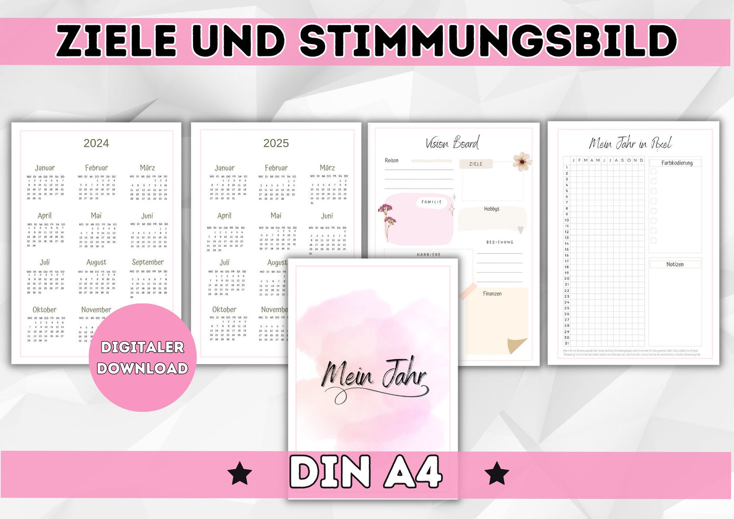 Kalender mit div. Übersichten zur Organisation von Haushalt und Leben. Immerwährend mit Übersicht für 2024/25 zum herunterladen und drucken