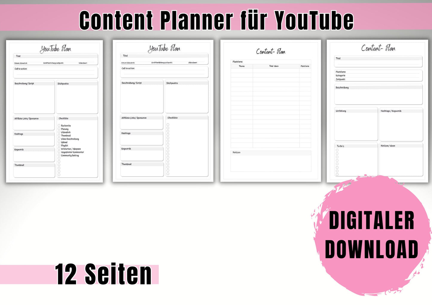 Content Planner für YouTube, mit hilfreichen Vorlagen zur Optimierung deines Contents (Skript, Planung, Kooperationen, Tracker uvm) DIN A4